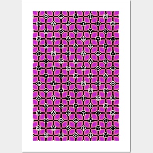 1970s Retro Inspired Polyhedral Dice Set and Leaf Seamless Pattern - Magenta Posters and Art